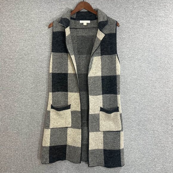 Monteau Knitted Vest Women Size M Black Plaid Mid Length Pockets Collared - Picture 10 of 11